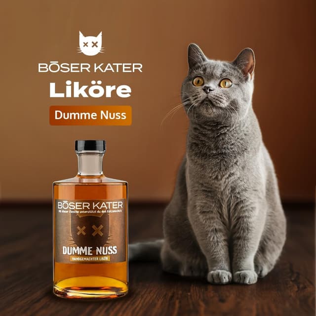 Detalle 2 de BÖSER KATER Dumme Nuss Likör Geschenkset (0,5 l, 20 % Vol) mit 2 Gläsern