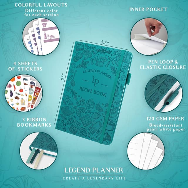 Detalle 2 de Legend Recipe Book – Turquoise A5 blank family cookbook journal (58 recipes)