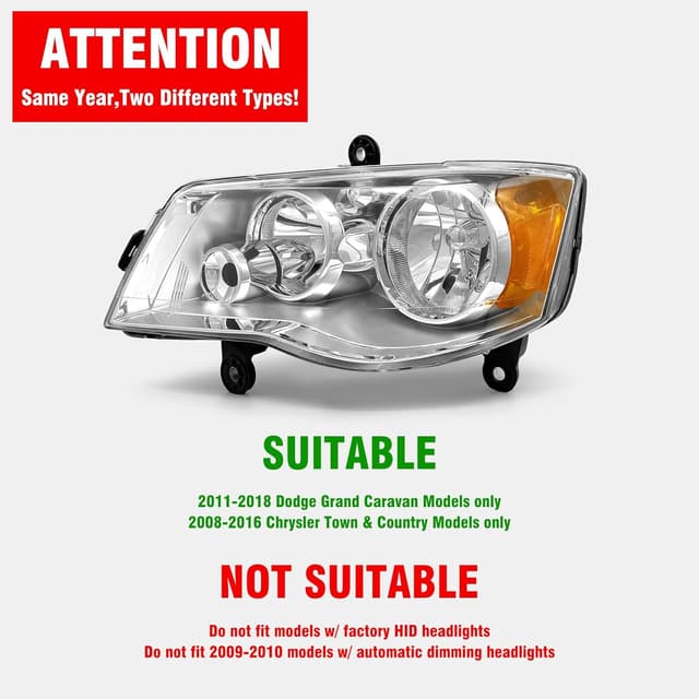 Detalle de ADCARLIGHTS OE-style Headlights for 2011–2018 Dodge Grand Caravan and 2008–2016 Chrysler Town & Country (Chrome Housing, Amber Reflector)