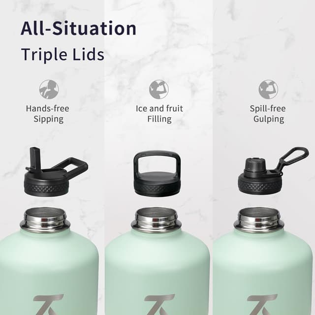 Detalle de Trebo One Gallon Insulated Water Bottle (3.8 L) with Paracord Handle, 3 Leakproof Lids & Straw/Spout/Wide-Mouth Options, Dark Green