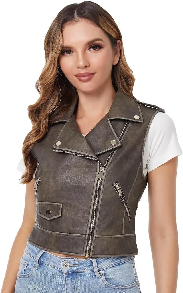Detalle de DIASHINY faux leather moto waistcoat for women with lapel and zip pockets