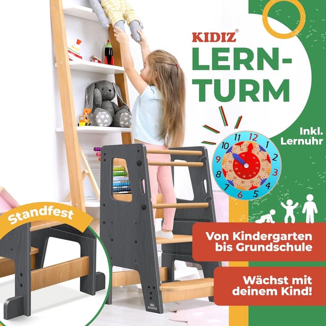 Detalle de KIDIZ® Lernturm für Kinder ab 1 Jahr inkl. Lernuhr – höhenverstellbarer Montessori Learning Tower bis 50 kg