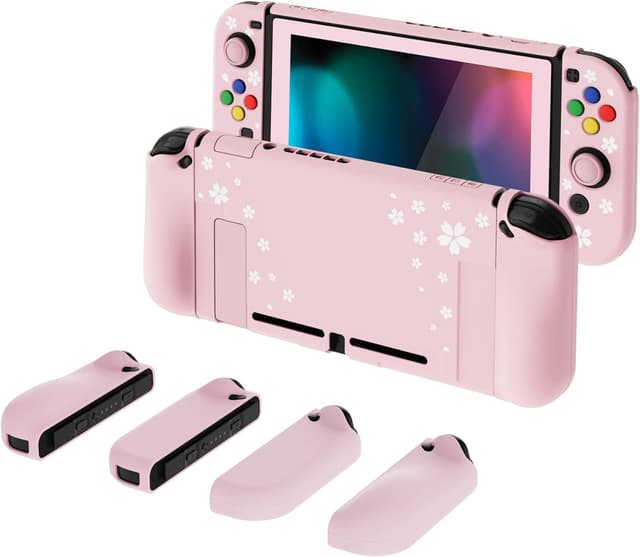 Detalle de Playvital AlterGrips Dockable Protective Case for Nintendo Switch (Cherry Blossoms Petals) with screen protector and grip caps