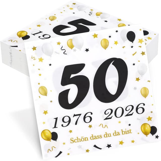 Detalle de 50 Stück Servietten zum 50. Geburtstag – Schwarz/Gold Deko 1976–2026 mit „Schön dass du da bist“