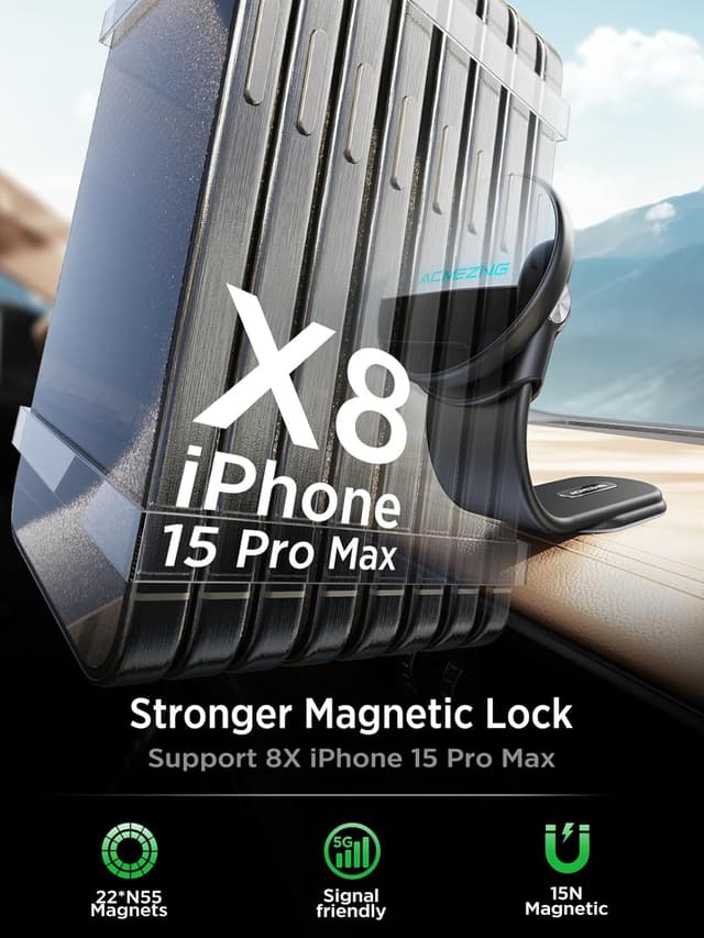 Detalle de ACMEZING 15W MagSafe Car Mount Charger (Magnetic Wireless Fast Charging) — 360° Adjustable Aluminum Arm, Black