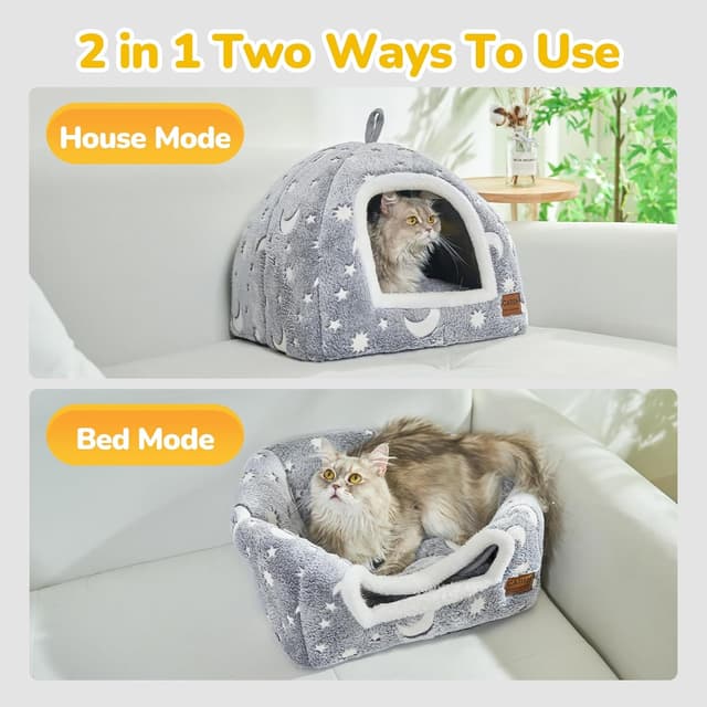 Detalle de CATISM Cat Bed Cave Grey Star & Moon, foldable indoor tent-style cat cave with removable washable cushion, 40 x 40 x 38cm