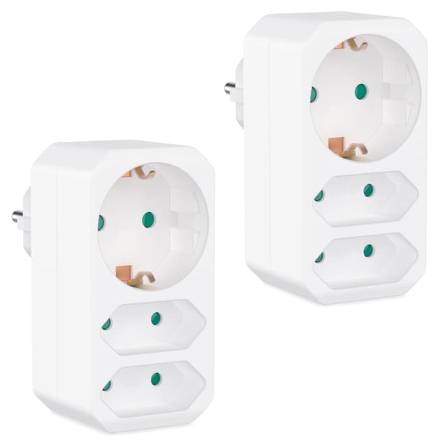Detalle de benon Set di 2 prese per adattatore bianco con chiusura anti-bambino: multipresa 3 gang (2 Euro + 1 Schuko) fino a 3680 W