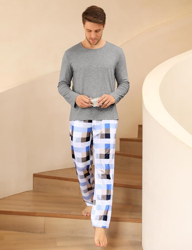 Detalle de Uniexcosm Ensemble de pyjama homme en coton (95 % coton, 5 % élasthanne) à manches longues et poches latérales