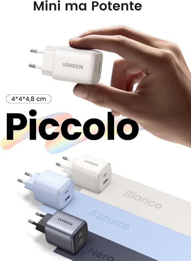 Detalle de UGREEN Nexode 35W Caricatore USB-C GaN con USB-A (2 porte) — compatibile con iPhone, Galaxy, iPad e MacBook M2