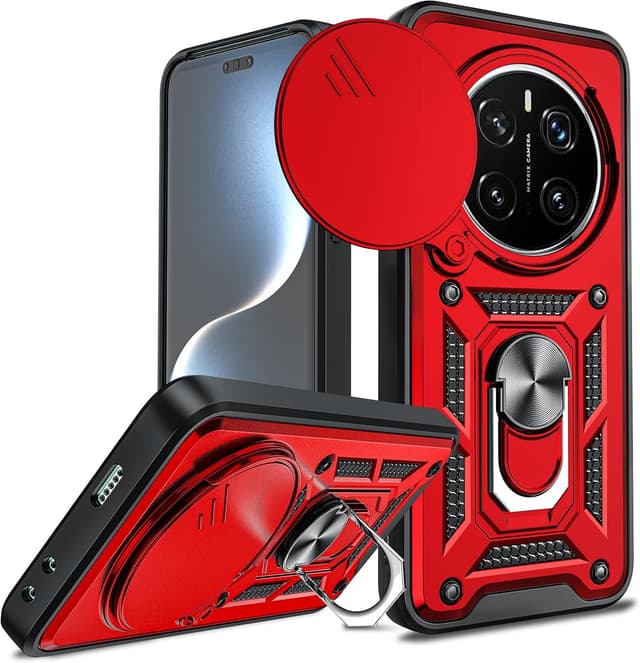 Detalle de LeYi Military Shockproof Case for Honor Magic 7 Pro 5G with Sliding Camera Lens Cover and 360° Ring Stand (Red)