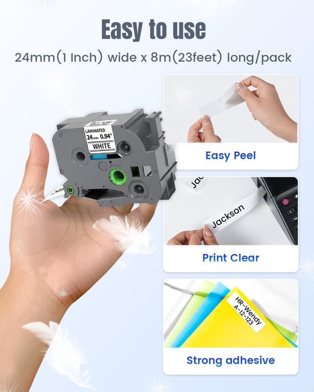 Detalle de Oozmas TZ Tape 24mm Laminated White TZe-251 Compatible Brother P-Touch Label Tape (4-Pack), Black on White