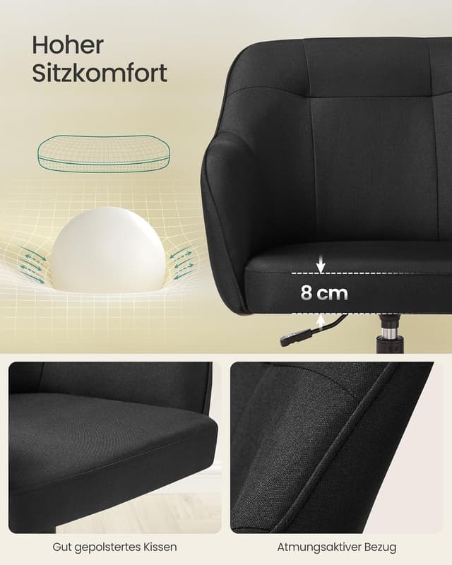 Detalle de SONGMICS Homeoffice-Drehstuhl OBG019B01 (höhenverstellbar, bis 110 kg) mit atmungsaktivem Stoff, schwarz