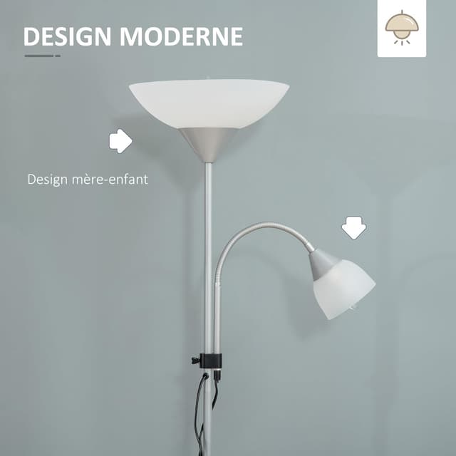 Detalle de HOMCOM Lampadaire sur pied argent et blanc avec 2 têtes E27/E14