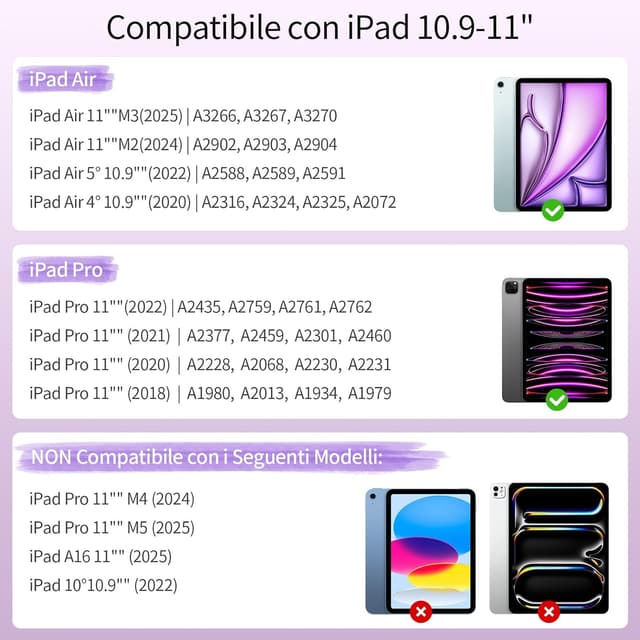 Detalle de TQQ Cover con Tastiera per iPad Air 11 pollici (M3 2025 e M2 2024) / iPad Air 5ª-4ª Gen / iPad Pro 11 pollici: tastiera Bluetooth staccabile QWERTY italiano