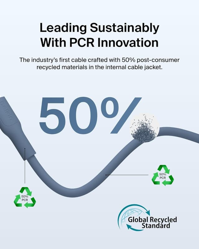 Detalle de Belkin Eco USB-C to USB-C Cable (3.3ft, 60W) – Soft Braided Fast Charging Cord in Blue