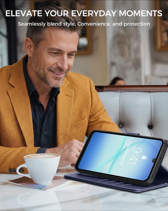 Thumbnail 6 de AIMOYU Galaxy A17 5G Leather-Style Flip Wallet Case (Blue) with Kickstand, 4 Card Slots & RFID Blocking