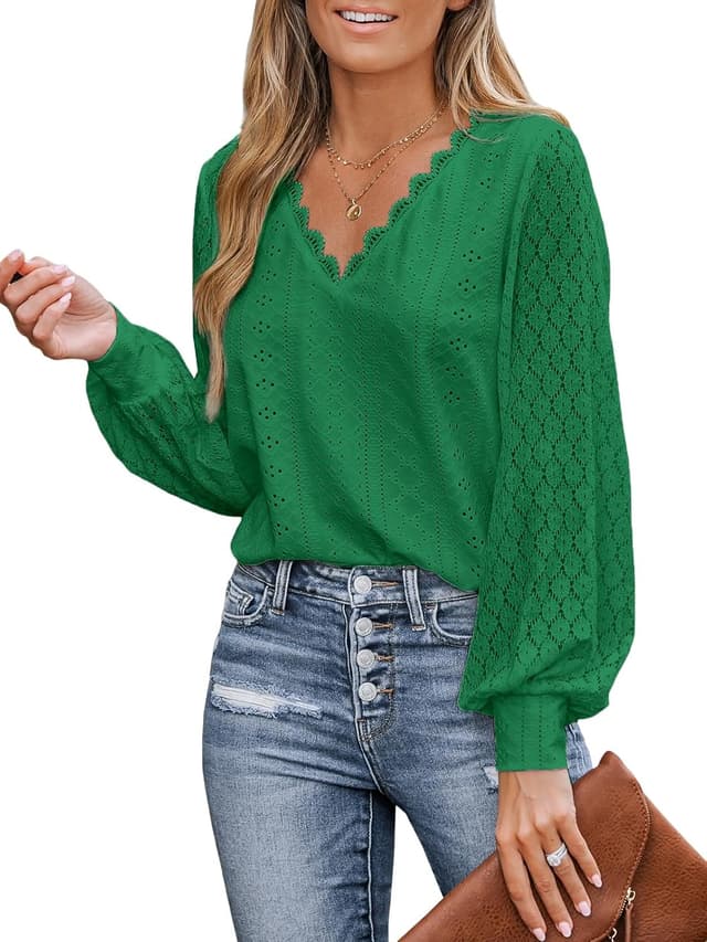 Thumbnail 6 de CUPSHE Damen Bluse mit V-Ausschnitt, Spitze und Puffärmeln (Langarm) – weiß, L