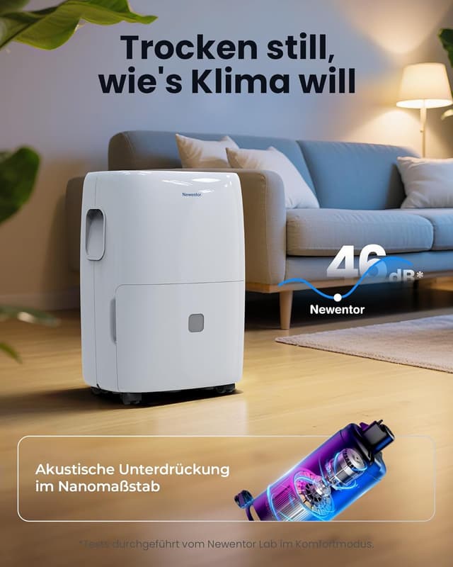 Detalle de Newentor Luftentfeuchter elektrisch 25L für Keller & große Räume (bis 215 m³ / 80 m²) mit Timer, Filter und Ablaufschlauch