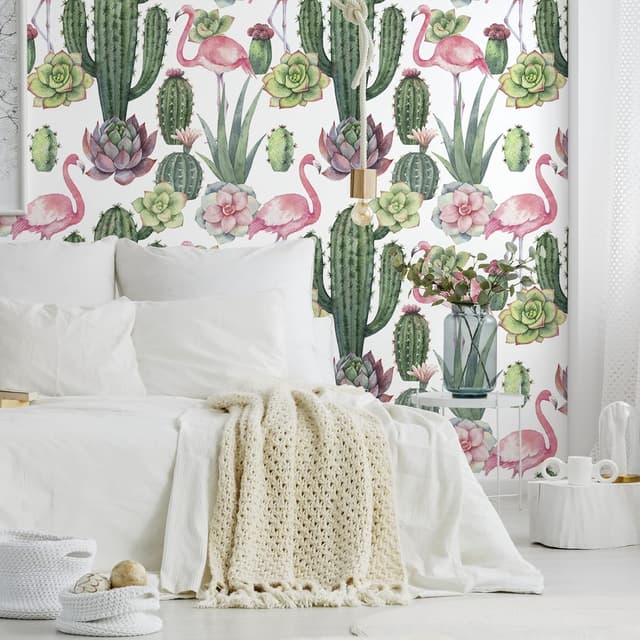 Thumbnail 3 de VEELIKE Watercolor Cactus Flamingo Wallpaper 44.5×300cm