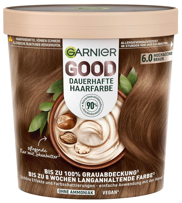 Detalle de Garnier GOOD Dauerhafte Haarfarbe 6.0 Mochaccino Braun – ohne Ammoniak, bis zu 100% Grauabdeckung