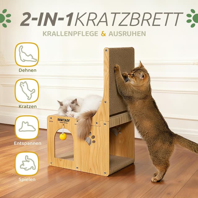 Detalle 2 de Pawtasy Kratzbrett Katzen Kratzpappe 2-in-1 für Wand & Ecke inkl. Ballspielzeug