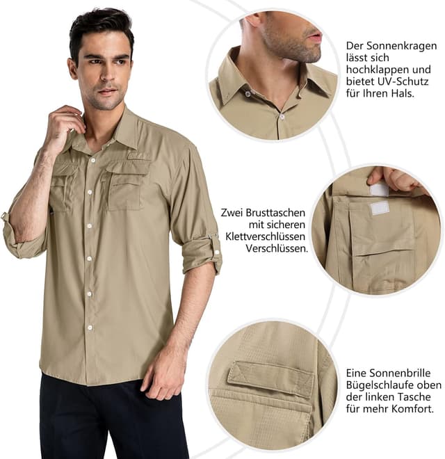 Detalle de yeyity Outdoor Langarm Staffel Safari Hemd UPF50 UV Schutz Funktionshemd für Wandern