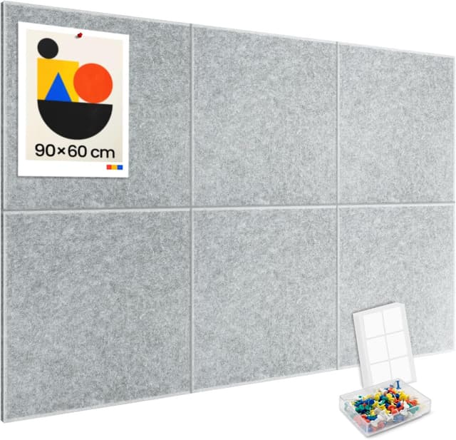 Detalle de Large Kork-Bulletin Board 90x60 cm – Filz-Wandfliesen im 6er-Set mit 30 Steckpins & abnehmbaren Klebetabs