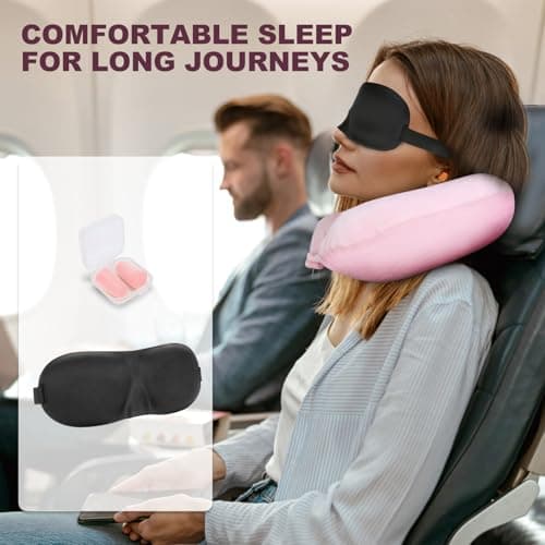 Thumbnail 6 de Cirorld almohada de viaje hinchable para cuello (rosado), con máscara de ojos, tapones y bolsa