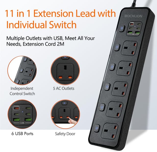 Detalle 2 de BOCHLION 6 USB Ports 5-Way Extension Lead with PD30W Socket
