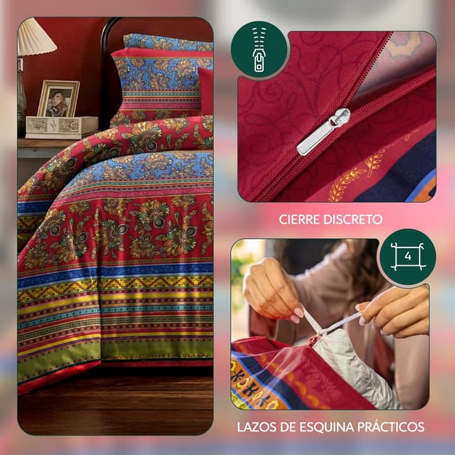 Detalle 2 de Funda Nórdica 155x220cm Boho Mandala Rojo Azul con Almohada