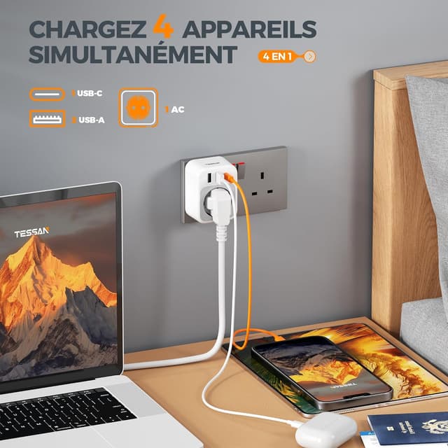 Detalle de TESSAN adaptateur prise anglaise 4 en 1 (type G) vers France : 1 USB‑C + 2 USB‑A