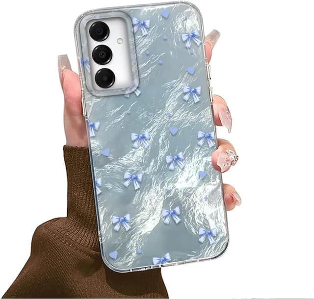 Detalle de Tedyhulle Hülle für Samsung Galaxy A34 5G – Weicher TPU-Rahmen mit harter PC-Rückseite und blauem Schleifen-/Glitzer-Motiv