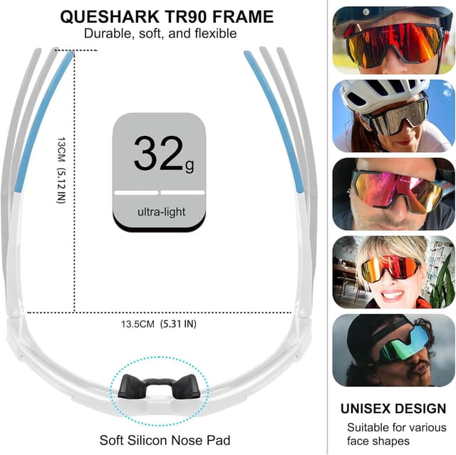 Detalle de Queshark Occhiali Veloci da ciclismo uomo e donna: montatura TR90, UV400 e lenti antiriflesso