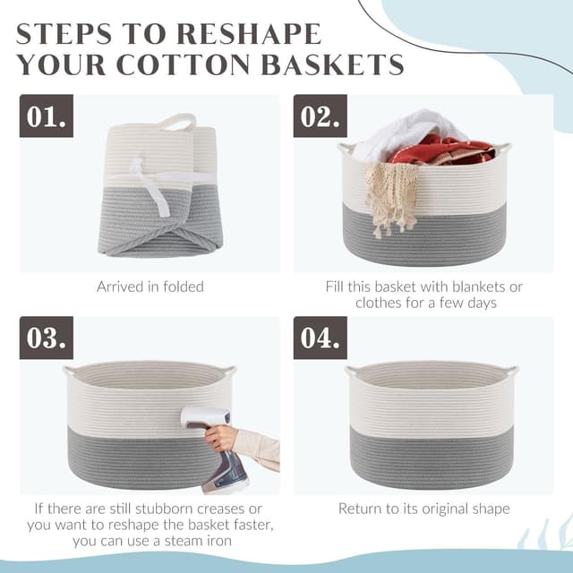 Thumbnail 6 de Maliton Laundry Basket (Large, 55x35cm, 68L) Foldable Rope Woven Hamper in White & Grey