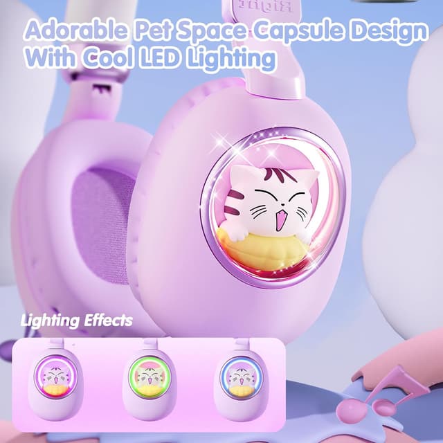 Detalle 2 de esonstyle Cat Ear Kids Headphones (Bluetooth 5.4) with 85dB Safe Volume Limit, Mic + Wired 3.5mm/USB-C