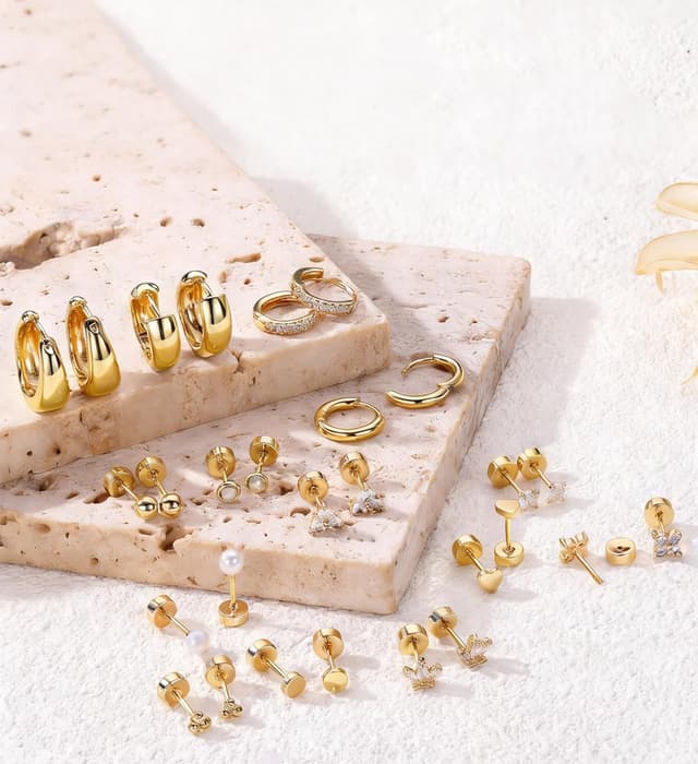 Thumbnail 6 de TINGN 14 Paar Ohrringe Set mit flachem Verschluss aus 316L-Edelstahl (chirurgischer Stahl), vergoldete Creolen & Ohrstecker