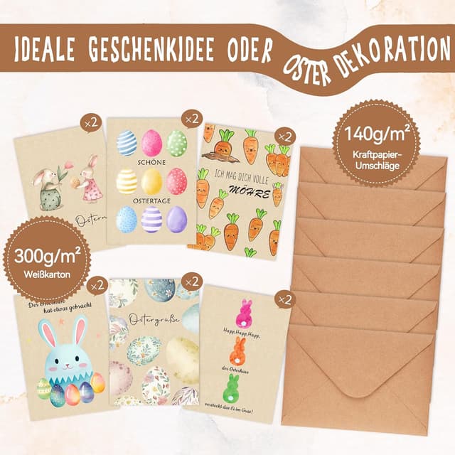 Detalle de Goldziples 12 Osterkarten mit Umschlägen (A6, vorgefaltet) – Frohe Ostern Set mit Hasen-Design