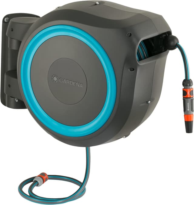 Detalle de Gardena Wand-Schlauchbox RollUp XL (türkis) 35 m inkl. 35 m Schlauch – schwenkbare Aufrolltechnik für große Gärten