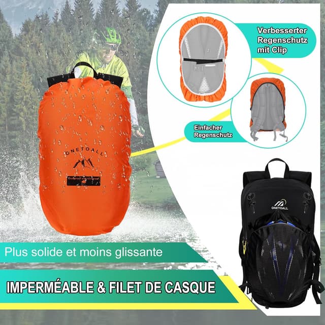 Detalle de ONETOALL Sac à dos vélo 15L polyvalent (housse de pluie, couvre-casque, fermeture éclair antivol)