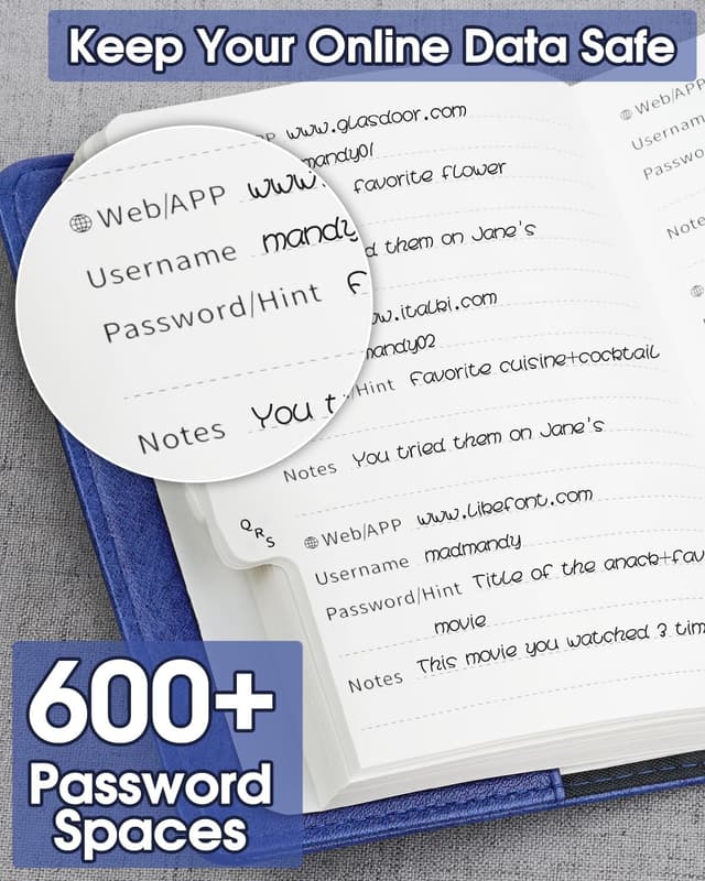 Detalle 2 de WEMATE Passwortbuch mit Schloss und alphabetischen Registerkarten (600+ Passworteinträge)