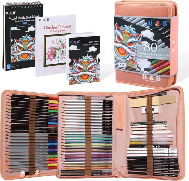 Detalle de H & B 80pcs Drawing Set Sketching Pencil Set with 3-Colour Sketchbook and Colouring Book