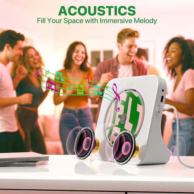 Detalle 2 de ROADOM 8-in-1 Portable CD Player for Home (Desktop) with Bluetooth, FM Radio, USB, AUX, Remote & Timer