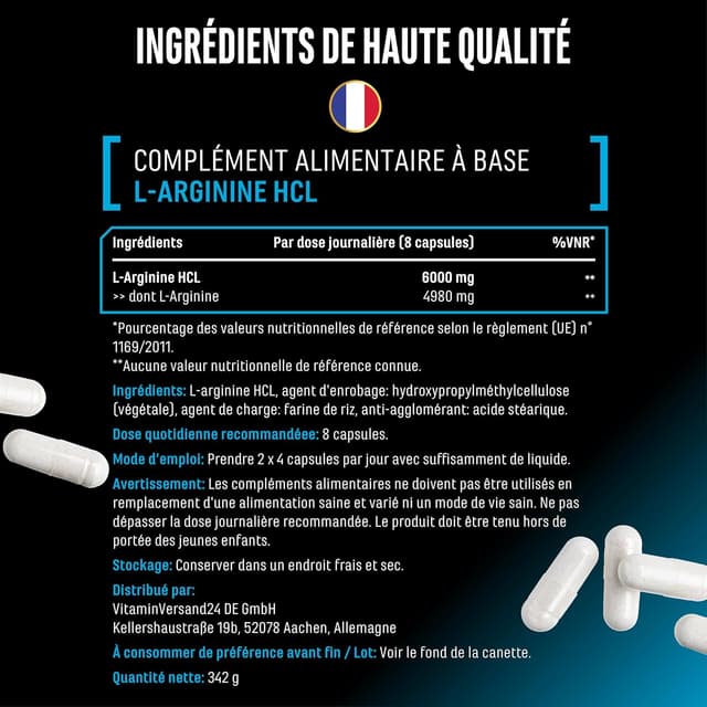 Detalle de German Elite Nutrition L-Arginin 380 gélules véganes – 6000 mg de L-arginine HCl par portion quotidienne