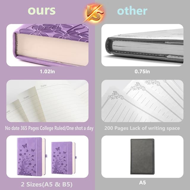 Detalle de HwxBen B5 Lined Hardcover Leather Journal Notebook (365 Pages) – Lavender