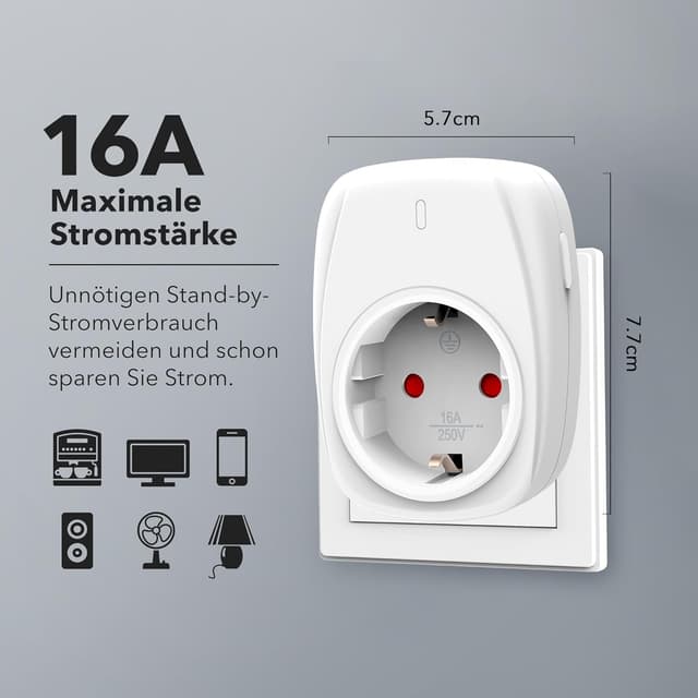 Thumbnail 6 de HBN 2× Funksteckdosen-Set mit Fernbedienung (16 A/3.680 W, Reichweite bis 30 m) – 1 Handsender, weiß