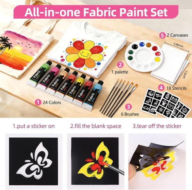 Detalle 2 de Colorful 24-Colour Permanent Fabric Paint Set for Clothes, Shoes & Canvas