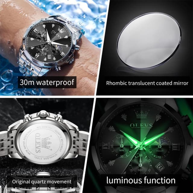 Detalle de OLEVS Herren Uhr Quarz „Luxus Business“ mit Chronograph, Mondphase, Datum und Edelstahlarmband