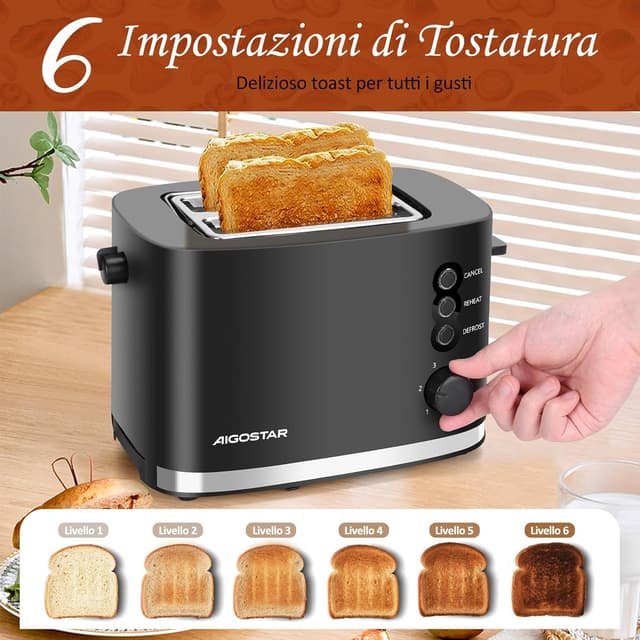 Detalle 2 de Aigostar Energy tostapane a 2 fette con fessure extra larghe, centratura automatica e 6 livelli
