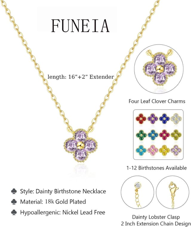 Detalle de FUNEIA Damen Halskette vergoldet mit Geburtsstein-Anhänger (18k vergoldet), verstellbar und wasserfest
