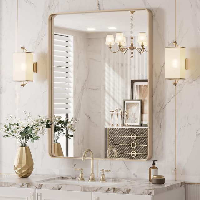 Detalle de LOAAO Gold Bathroom Mirror, 20 x 30 in Rounded Rectangle with Brushed Gold Frame